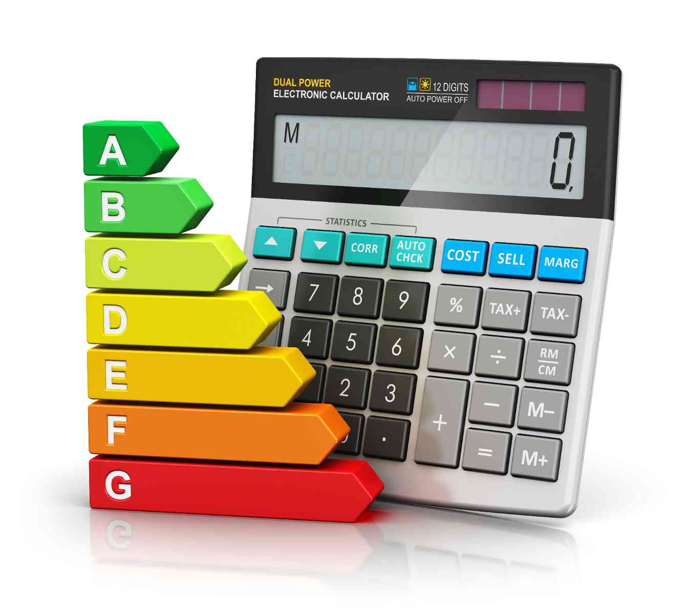创意抽象节能与家庭预算经济经营理念：彩色能效等级比较量表和办公电子计算器隔离在白色背景上，具有反射效果1729672660587.jpg